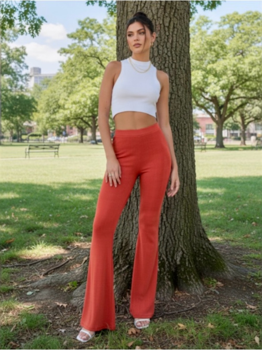 Forever 21 Orange High Rise Slinky Flare Leg Pants